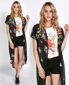 花卉透視雪紡印花中袖長(zhǎng)款開衫kimono和服式無(wú)扣雪紡衫